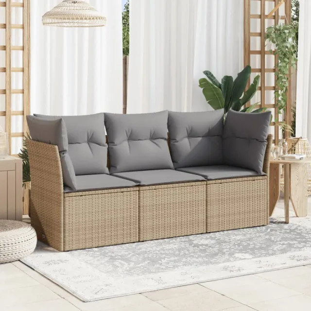 vidaXL 3-delige Loungeset met kussens poly rattan beige, foto 2