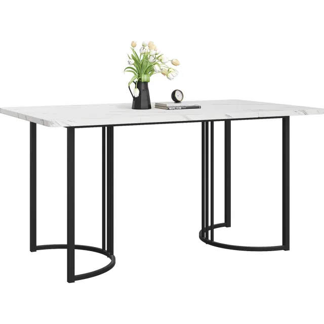 Gutent Eettafel, Wit/Zwart, 140 x 80 cm (1-st),MDF, Moderne Keukentafel, Metalen frame Modern gemarmerde rechthoekige eettafel met verstelbare poten voor eetkamer Woonkamer