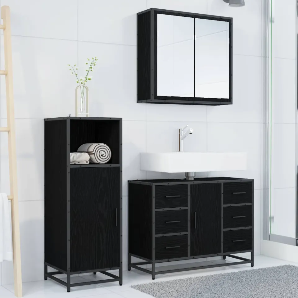 vidaXL Badkamermeubelset 3 st Zwart Eiken 80 x 33 x 60 cm Bewerkt hout, foto 3