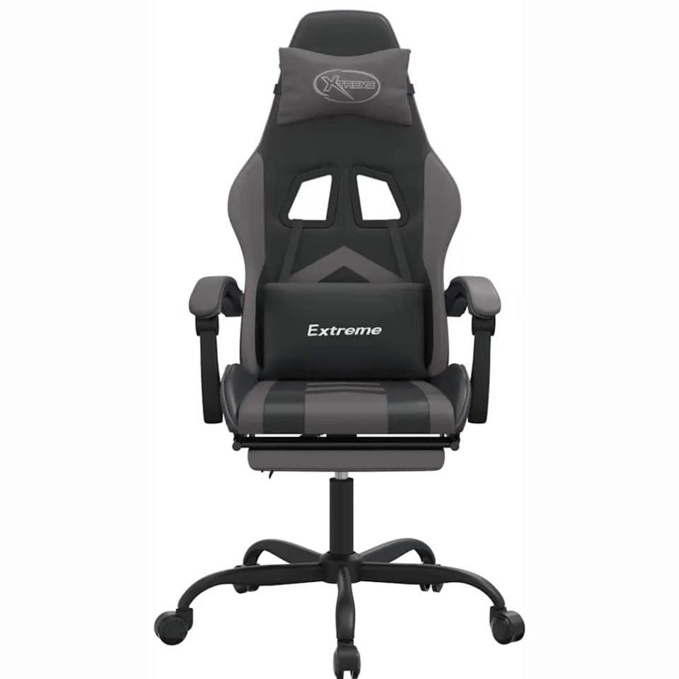 vidaXL Gamestoel draaibaar met voetensteun kunstleer zwart en grijs