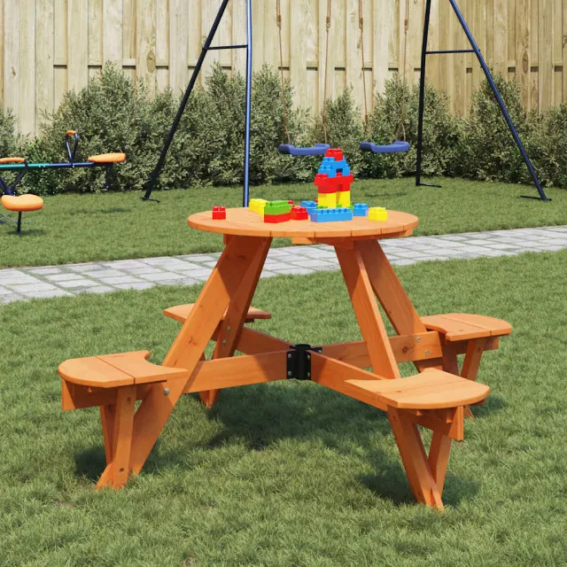 vidaXL Picknicktafel voor 4 kinderen met parasolgat rond vurenhout bruin, foto 2