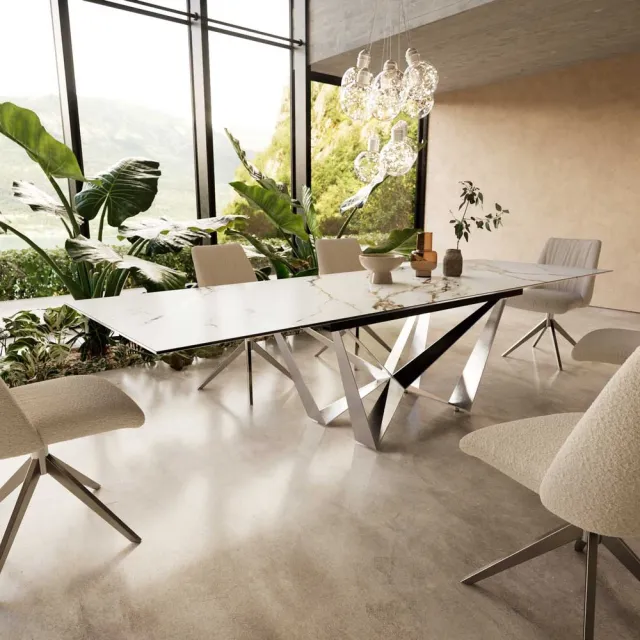 DELIFE Eetkamertafel Edge keramiek Calacatta Luxe wit-goud-grijs 200-300x100 spider vlak staal RVS uitschuifbaar Weiß-Gold-Grau