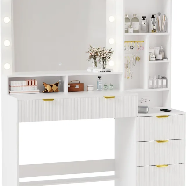 Devoko Kaptafel met Verlichte Spiegel - 114 x 40 x 149 cm - 5 Lades - 10 Lampen met 3 Lichtstanden - 2 USB + USB-C - Wit