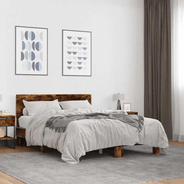 vidaXL Bedframe bewerkt hout metaal gerookt eikenkleurig 135x190 cm Bruin
