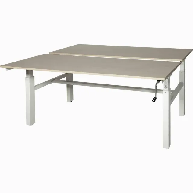 Schaffenburg Romeo Duo werkplek, zit/zit hoogte verstelbaar dmv slinger (62-85cm) voorzien van 180x80/80cm licht grijs 25mm melamine bladen en aluminium H-poot frame Aluminium (RAL9006)/Lichtgrijs