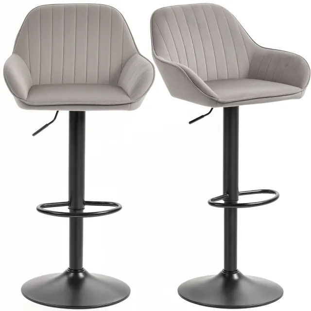 Lunpog Set van 2 barkrukken - barstoelen van fluweel met rugleuning - voetsteun - in hoogte verstelbaar en draaibaar - grijs Gris