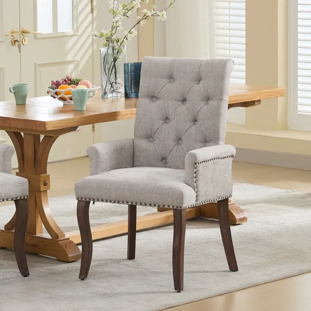 Welltin Eetkamerstoelen - Eetkamerstoel - Gestoffeerde eetkamerstoel - Eettafelstoel - Stoel - Met armleuningen - Chenille - Massief houten stoelpoten - Modern Design - Beige