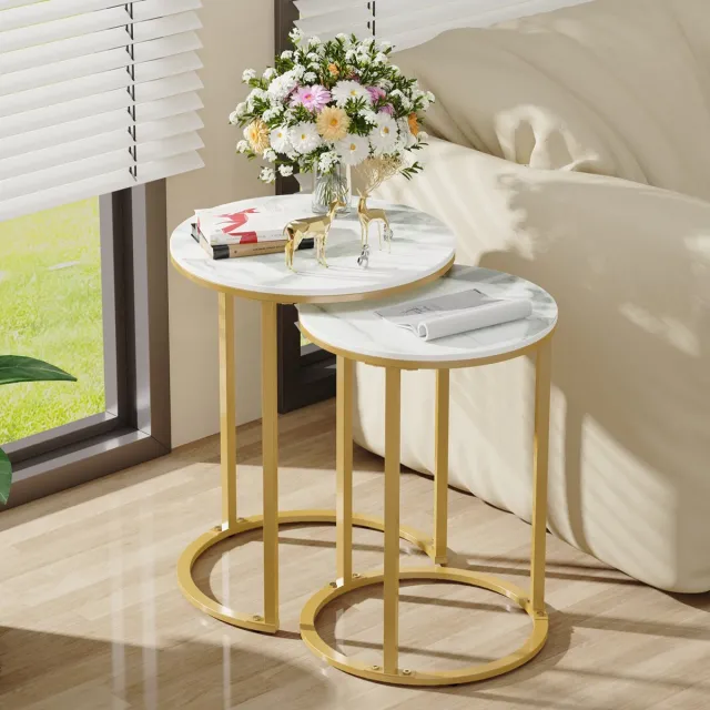 FATIVO Salontafels set Rond - Bijzettafel Marmerlook - gouden metalen frame - wit + goud, Ø40cm & Ø35cm