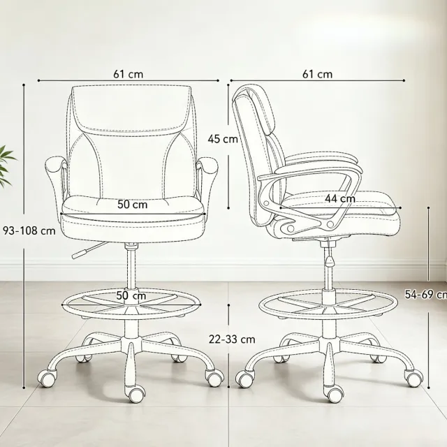 FloraGrace Bureaustoel – Verstelbare Zithoogte Met Voetring En Wielen – Ergonomisch Voor Hoog Bureau Of Balie – Kunstleerlook – Zwart