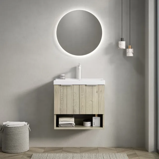 MIVRAY Wastafelmeubel Wandhangend Met Keramische Wastafel En Dubbele Deuren En Open Vak Voor Kleine Badkamers Wit 55 Cm