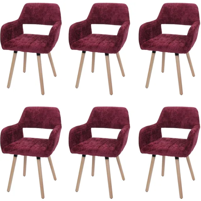 MCW Set van 6 eetkamerstoelen MCW-A50 II, keukenstoel, gestoffeerde stoel, hout, stof/textiel, chenille (465 g/m²) MVG ~ bordeaux