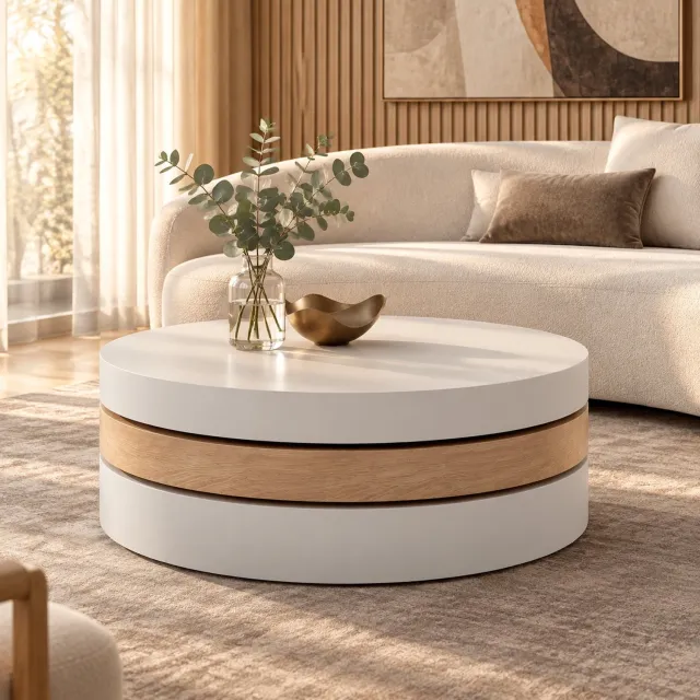 WUVRIE Ronde salontafel 60 cm - 360° draaibaar met opbergvak - Wit/naturel