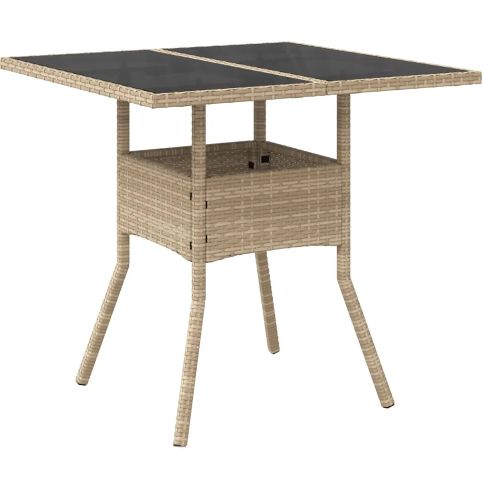 vidaXL Tuintafel met glazen blad 80x80x75 cm poly rattan beige