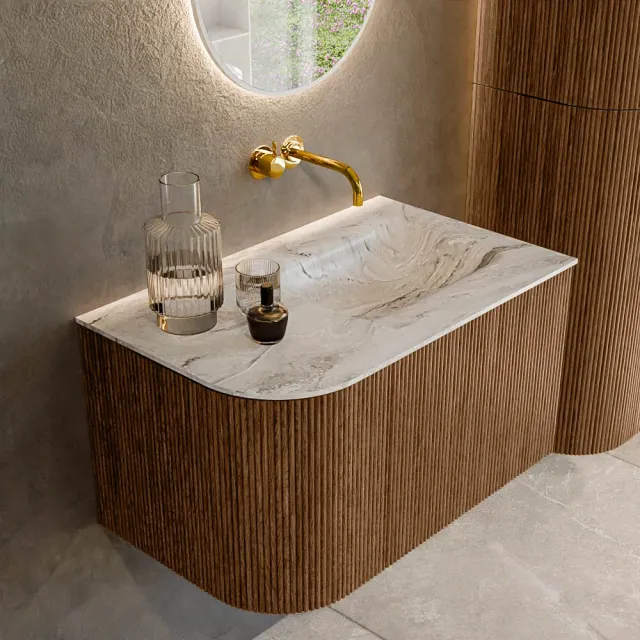 Mondiaz KURVE-DLUX 75 cm Onderkast Greeploos 1 Lade Met Deuren Walnut, Wastafel Solid Surface Rechts Glace 0 Kraangaten Zonder Spiegel (KRVGRU75L1L1D0KR-Wal/Gla)