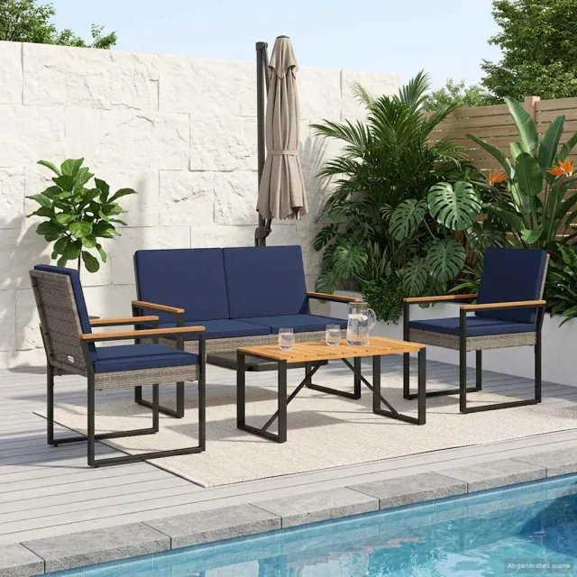 vidaXL Buitenmeubelset 4 st Grijs en Marineblauw poly rattan, foto 2