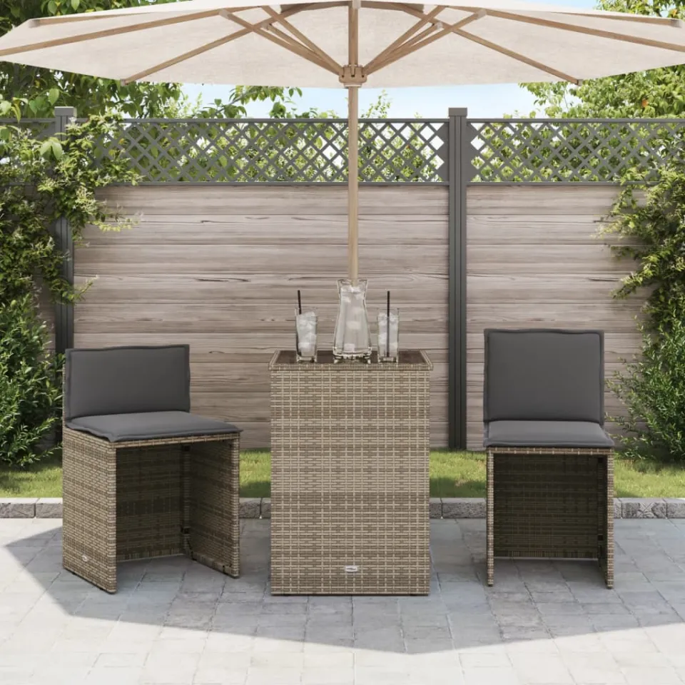 vidaXL 3-delige Bistroset met kussens poly rattan grijs, foto 2