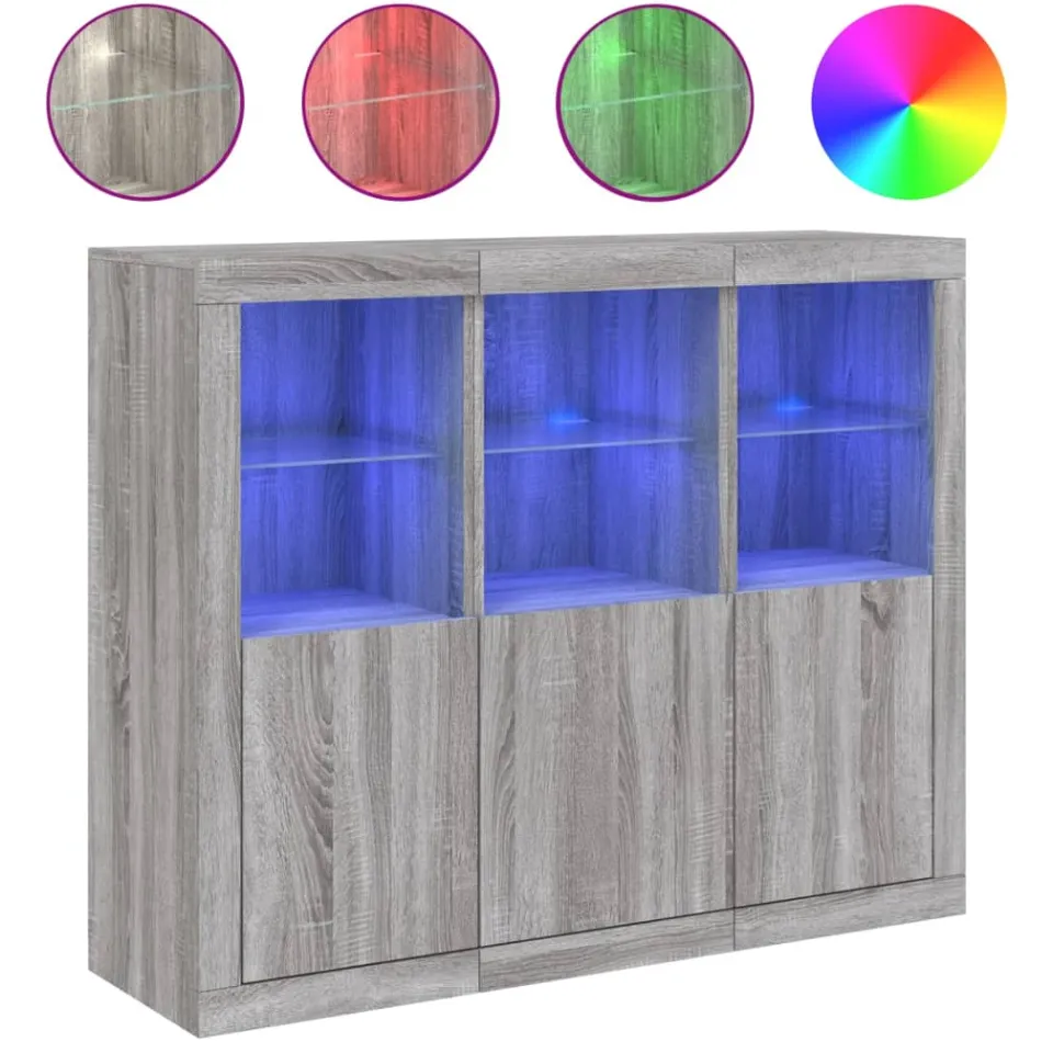 vidaXL Dressoirs met LED-verlichting 3 st bewerkt hout grijs sonoma