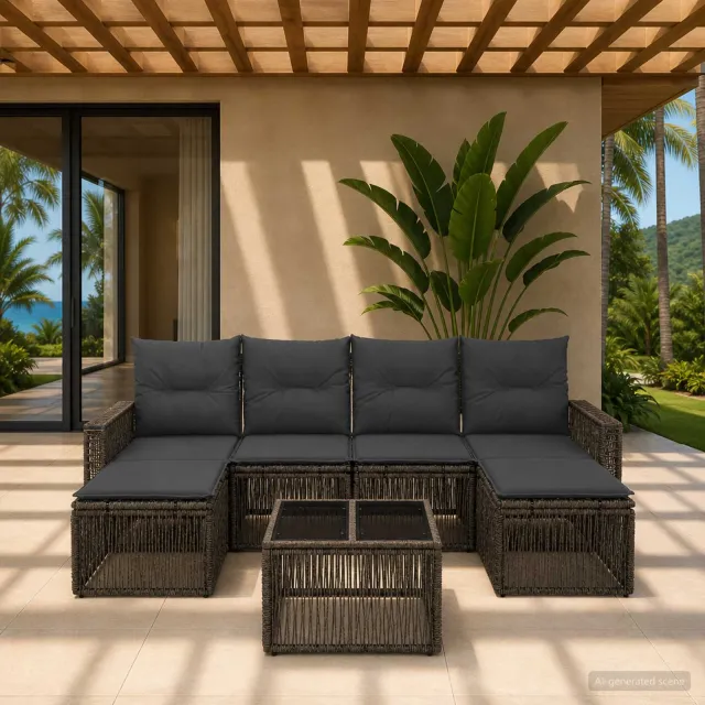 vidaXL Tuinbankenset 7 st 6-zits Grijs en Donkergrijs poly rattan, foto 2