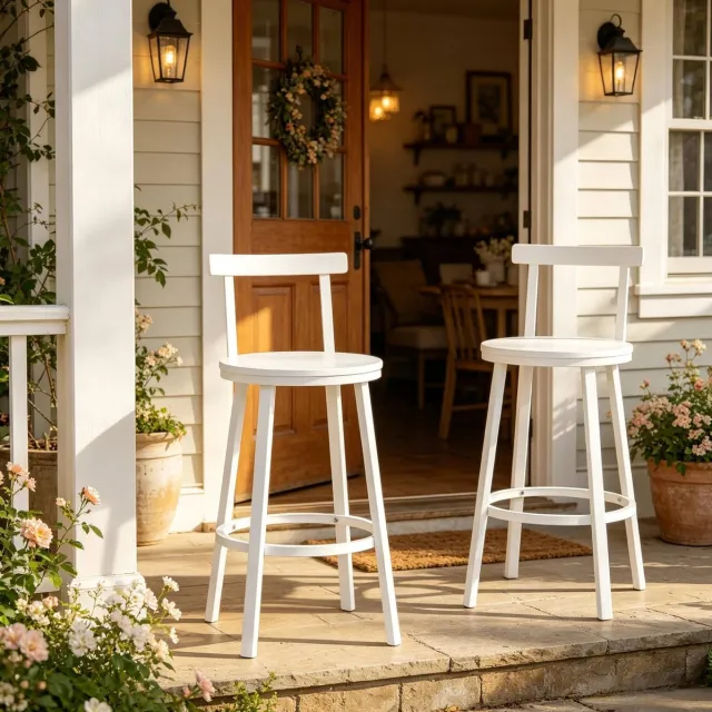 MIVRAY Barkruk 51,5 x 51,5 x 89 cm - Met Gebogen Rugleuning En Voetensteun - Voor Keukeneiland En Bar - MDF En Metaal - Wit