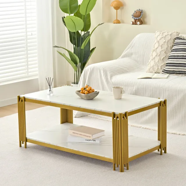 Wishdor Salontafel - Rechthoekig Met 2 Legplanken - Modern - Voor Woonkamer - MDF En Metaal - Wit En Goud Goud + Wit