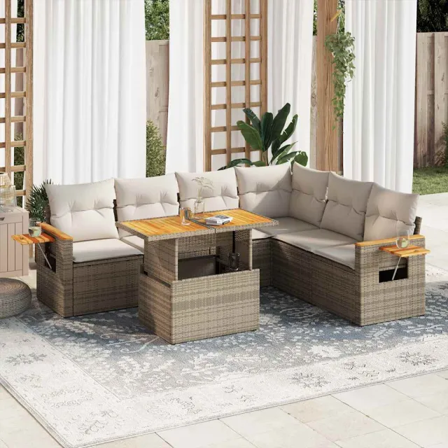 vidaXL 7-delige Loungeset met kussens poly rattan acacia beige, foto 2