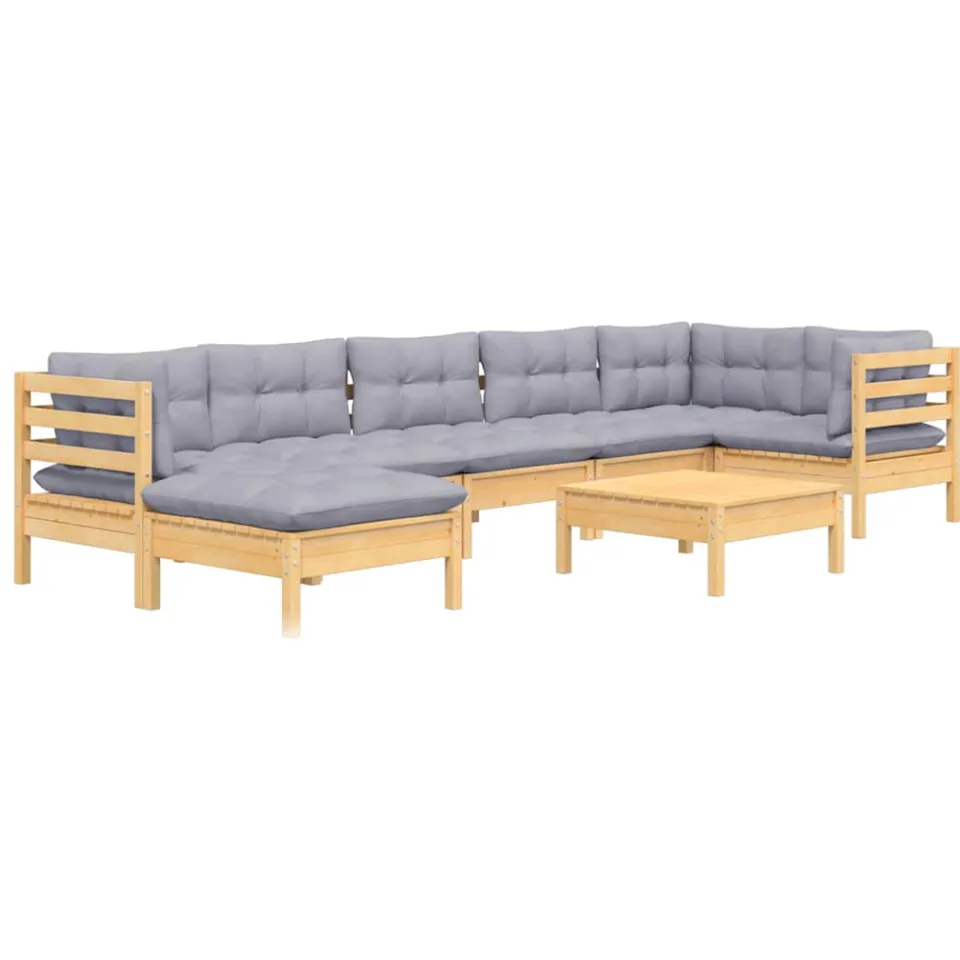 vidaXL 8-delige Loungeset met grijze kussens massief grenenhout Grijs