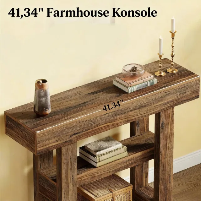 DESMIU Sidetafel - Landelijk Farmhouse Design Met 2 Lagen En Ruime Opbergruimte - Voor Hal En Woonkamer - MDF - Bruin - 105x30x80 Cm
