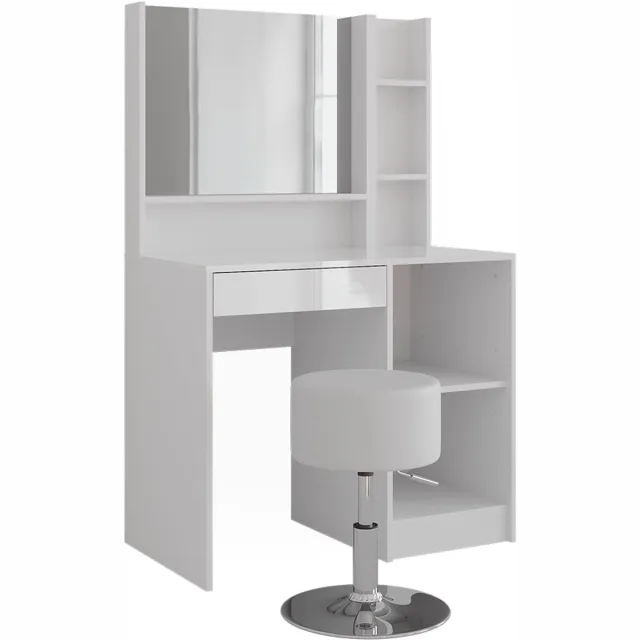 Vicco Kaptafel Sherry, Wit/Wit Hoogglans, 89.8 cm met spiegel en kruk