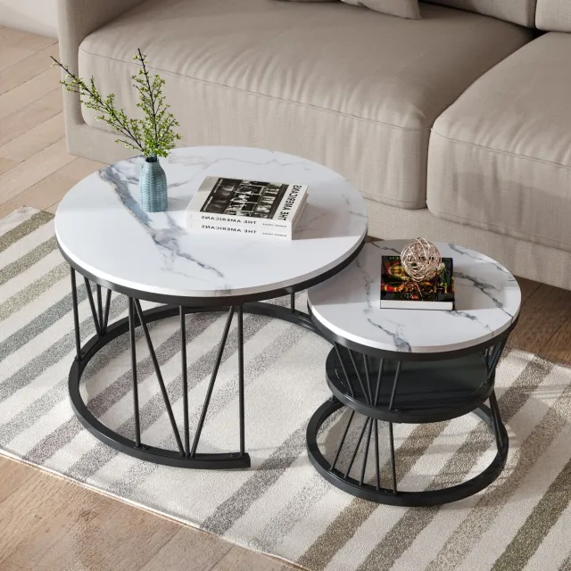 ROSAHQNDA Salontafel (set van 2) ronde bijzettafel set metalen frame woonkamer balkon kantoor, zwart, groot: 70 x 70 x 45 cm; klein: 45 x 45 x 40 cm