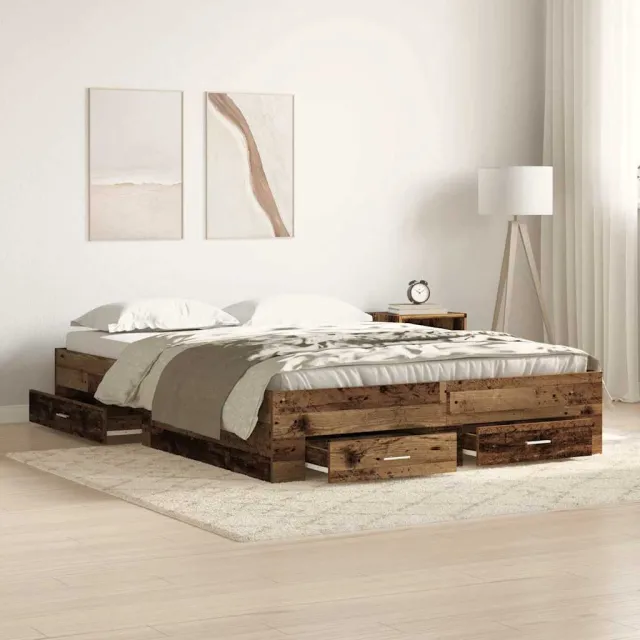 vidaXL Bedframe met lade met opslag Oud Hout 135 x 190 cm Bewerkt hout Bruin