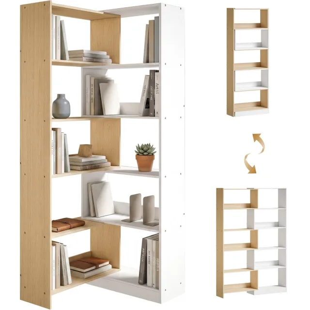 ECTEATOY Boekenplank - Hoek boekenkast met 5 open planken - 350° draaibaar - uitschuifbaar tot 111,5 cm - houtkleur