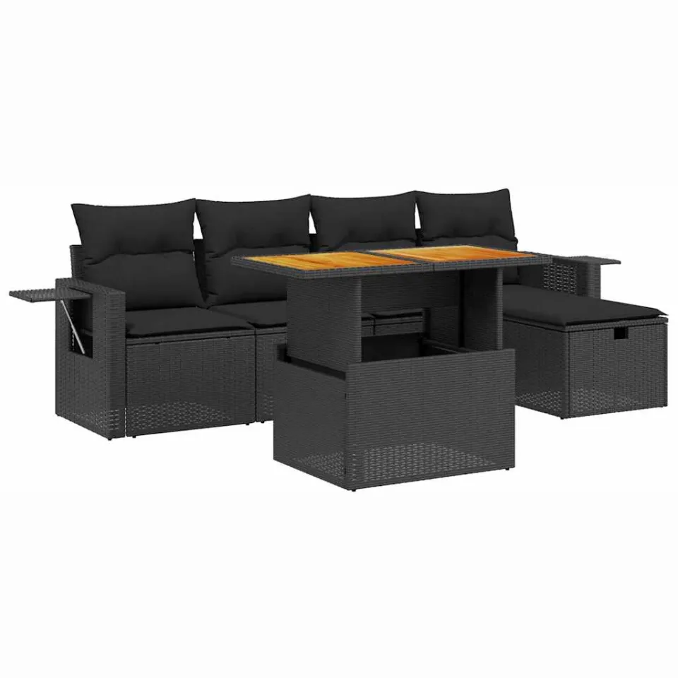 vidaXL 6-delige Loungeset met kussens poly rattan zwart, foto 3