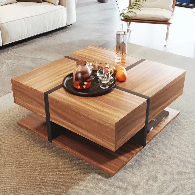 STILVORA Salontafels 78x78x36 cm - Salontafel Met Opbergruimte Onder - Modern Lijnontwerp - Vierkant - Table Basse - Spaanplaat - Natuurlijk Naturel
