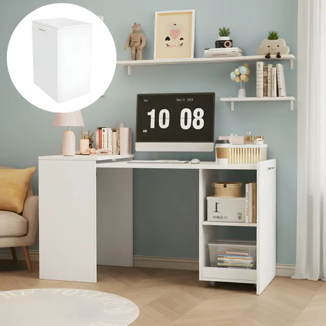Pugsdrly 126 x 55 x 75 cm multifunctionele klaptafel, die een bureau en kast in één ontwerp combineert, met twee opbergvakken voor efficiënte organisatie, hoog draagvermogen, wit.