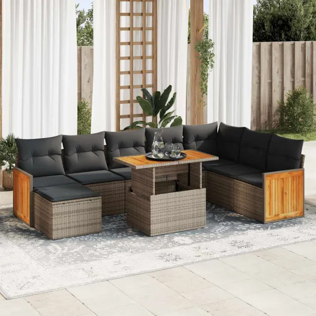 vidaXL 9-delige Loungeset met kussens poly rattan acacia grijs, foto 2