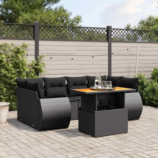 vidaXL 7-delige Loungeset met kussens poly rattan zwart, foto 2