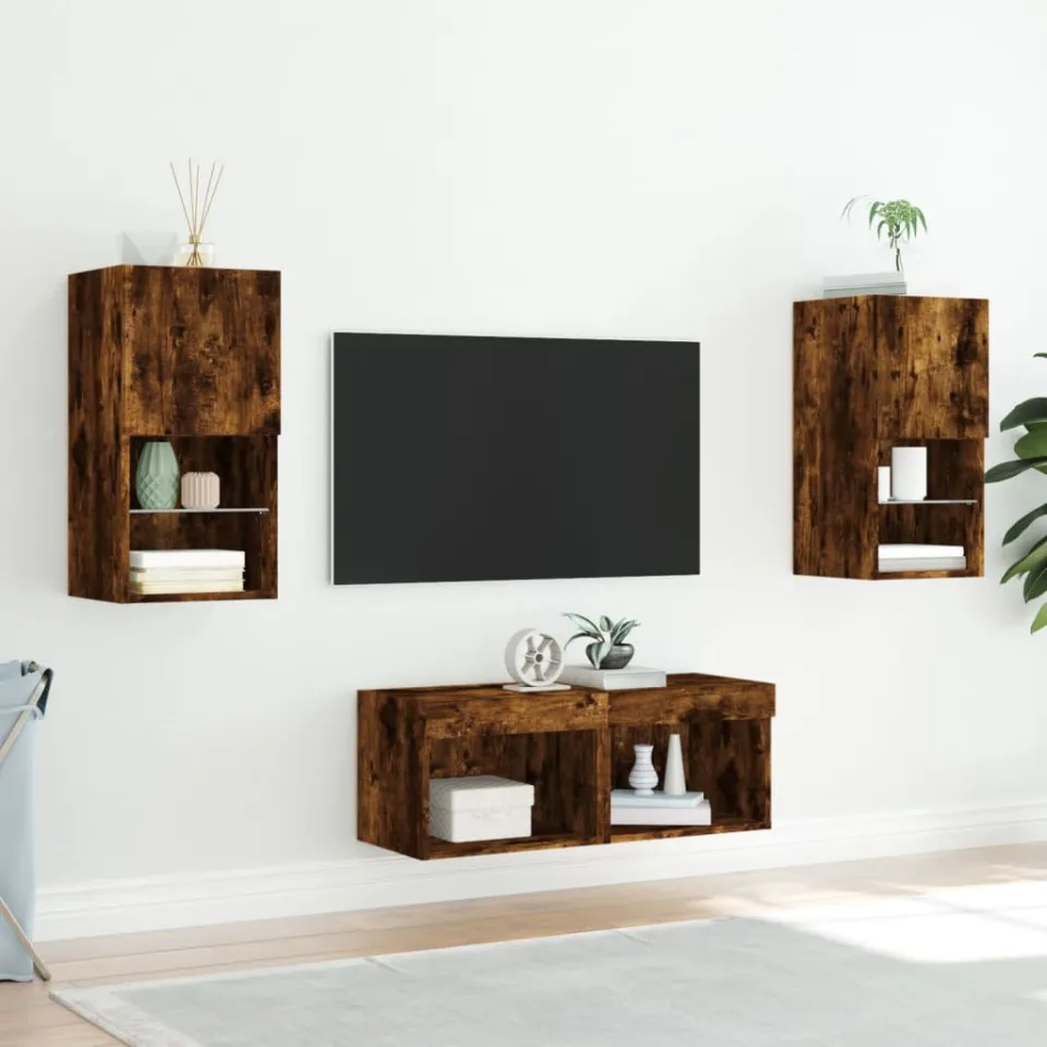 vidaXL 4-delige tv-wandmeubelset met LED-verlichting gerookt eiken, foto 3