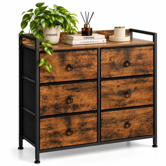 ITRONIQ Ladekast 6 Laden - Opbergkast Slaapkamer Woonkamer - Industrieel Vintage Bruin Zwart - Compact Dressoir Kast 80x27x78