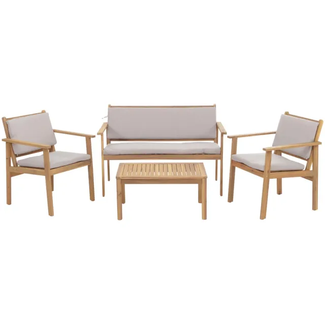 MCW Tuinset MCW-O19, loungeset bank fauteuil tafel, hout acacia MVG stof/textiel (180g/m²) ~ kussens grijs