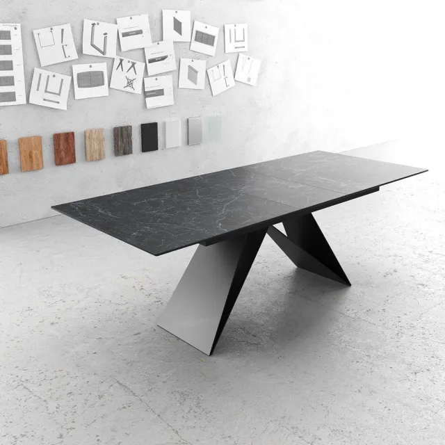 DELIFE Eettafel Edge Laminam® keramiek grijs 180-220x100cm V-middenvoet zwart Nero Greco Anthrazit