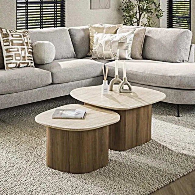 Meubelplaats Salontafel Travertin keramiek set van 2 Kiezel - Japandi Beige
