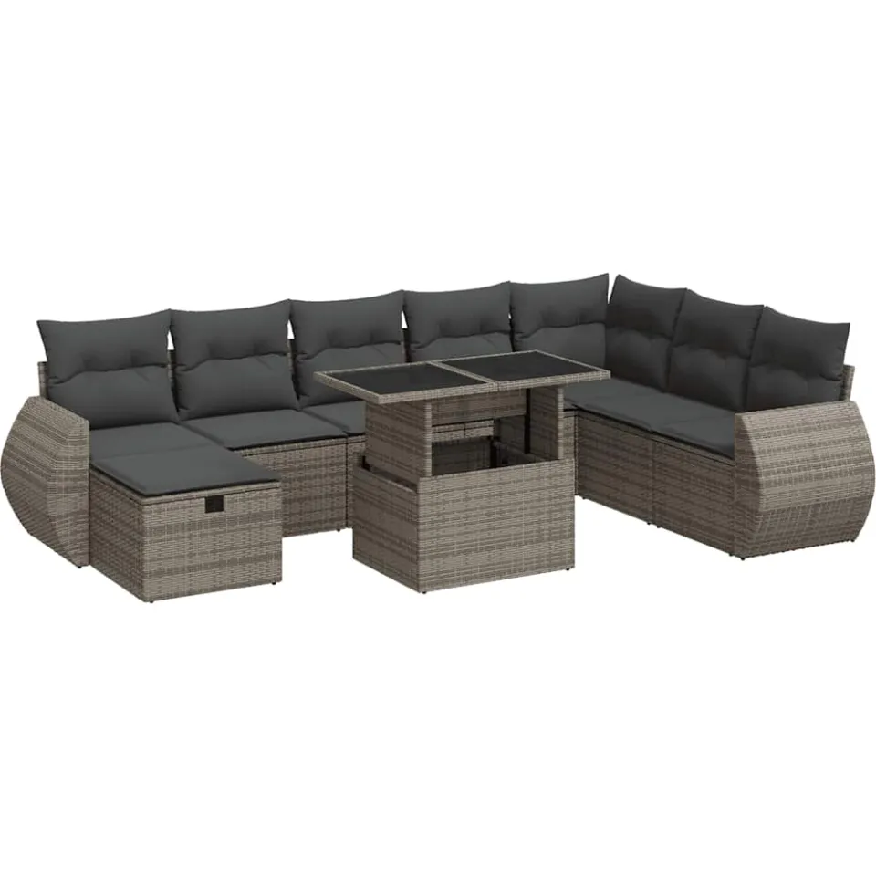 vidaXL 9-delige Loungeset met kussens poly rattan grijs, foto 3