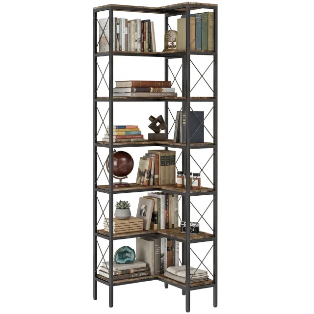 Lunpog Boekenkast met zes planken voor in de hoek - Industriële boekenkast voor in de hoek - Afmetingen: 60 cm x 60 cm x 200 cm - Vintage bruin Zwart/Bruin