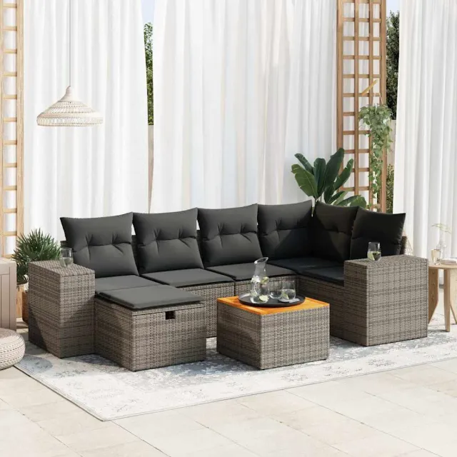 vidaXL 7-delige Loungeset met kussens poly rattan grijs, foto 2