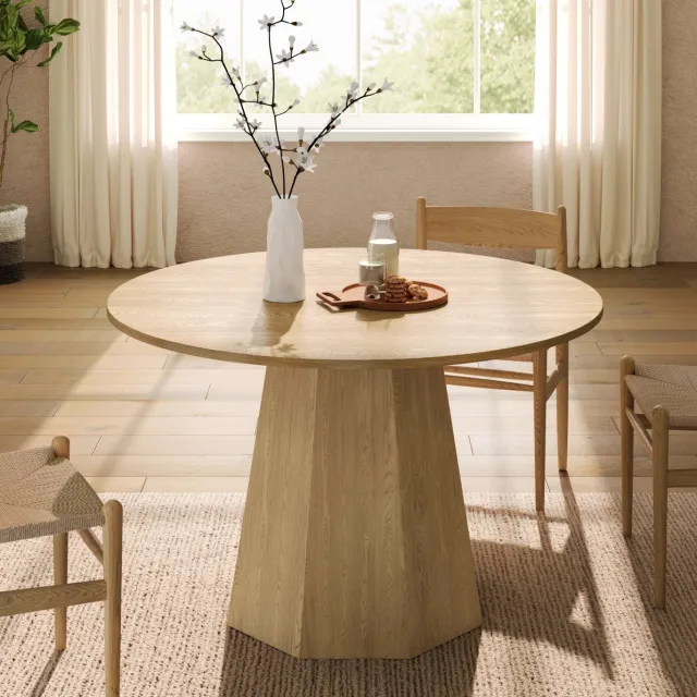 COVREO Eettafel 120x120 cm – rond, eikenkleur, MDF, geschikt voor 4-6 personen