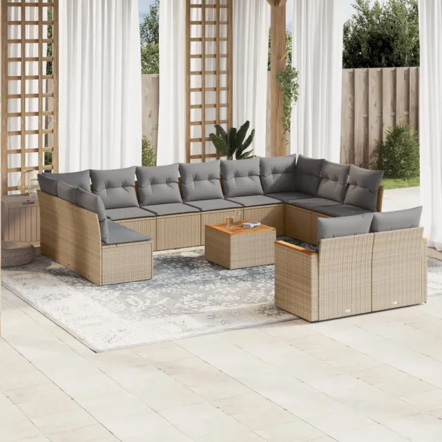vidaXL 13-delige Loungeset met kussens poly rattan beige, foto 2