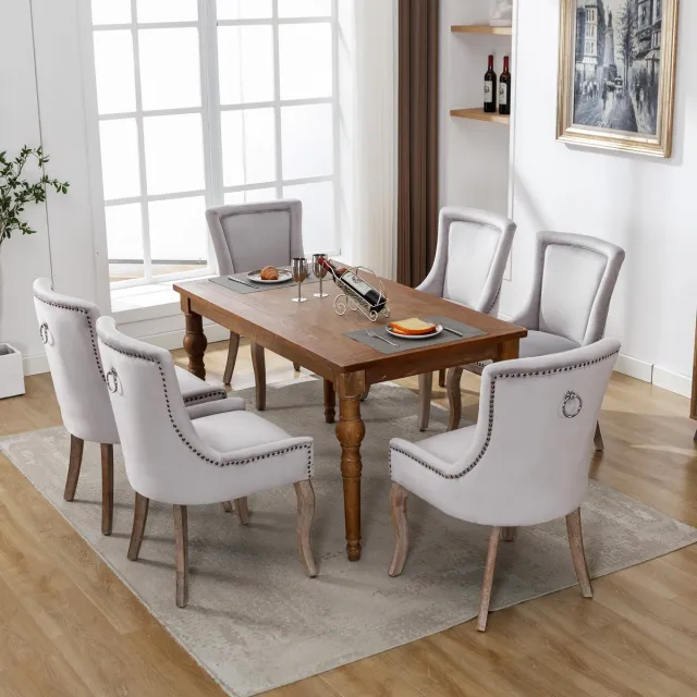 Sweiko Luxe Eetkamerstoelen (Keukenstoelen,Woonkamerstoelen, 6-delige),Gestoffeerde stoelen met nagelkoppen, massief houten poten, fluwelen hoezen, Grijs (geen tafel)