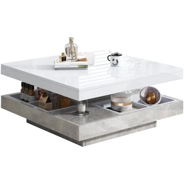Merax Draaibare Salontafel met Opbergruimte – Hoogglans Wit Tafelblad en Grijs Marmerlook Onderstel – Vierkant – 360° Roterend – 70x70x36 cm Marmer; Wit