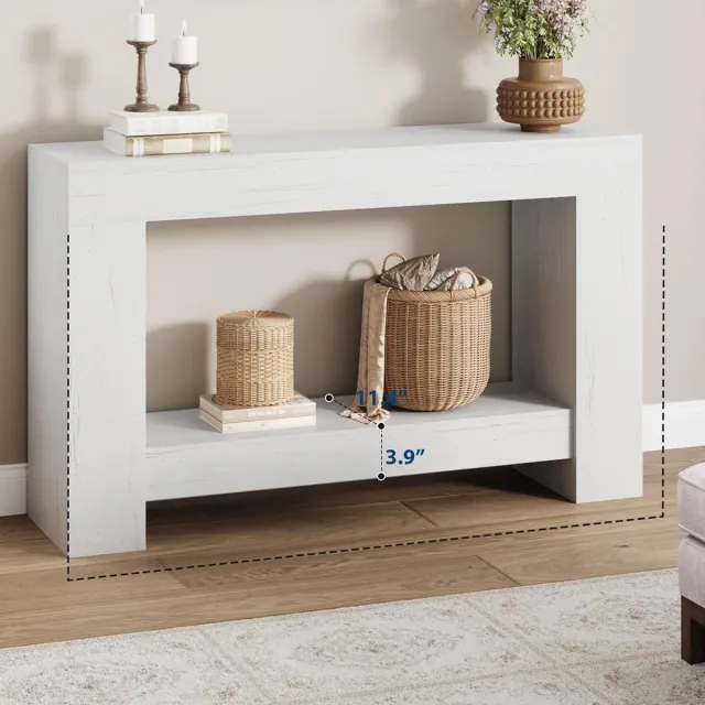 Garvee Haltafel - Bijzettafel - 120 cm lange bijzettafel in boerderijstijl - Lange bijzettafel met twee planken en opbergruimte - Bijzettafel in antiek wit - Geschikt voor de woonkamer, hal en gang - 120 × 80 × 30 cm