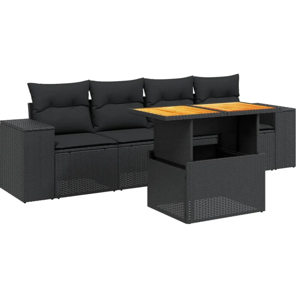 vidaXL 5-delige Loungeset met kussens poly rattan zwart, foto 3